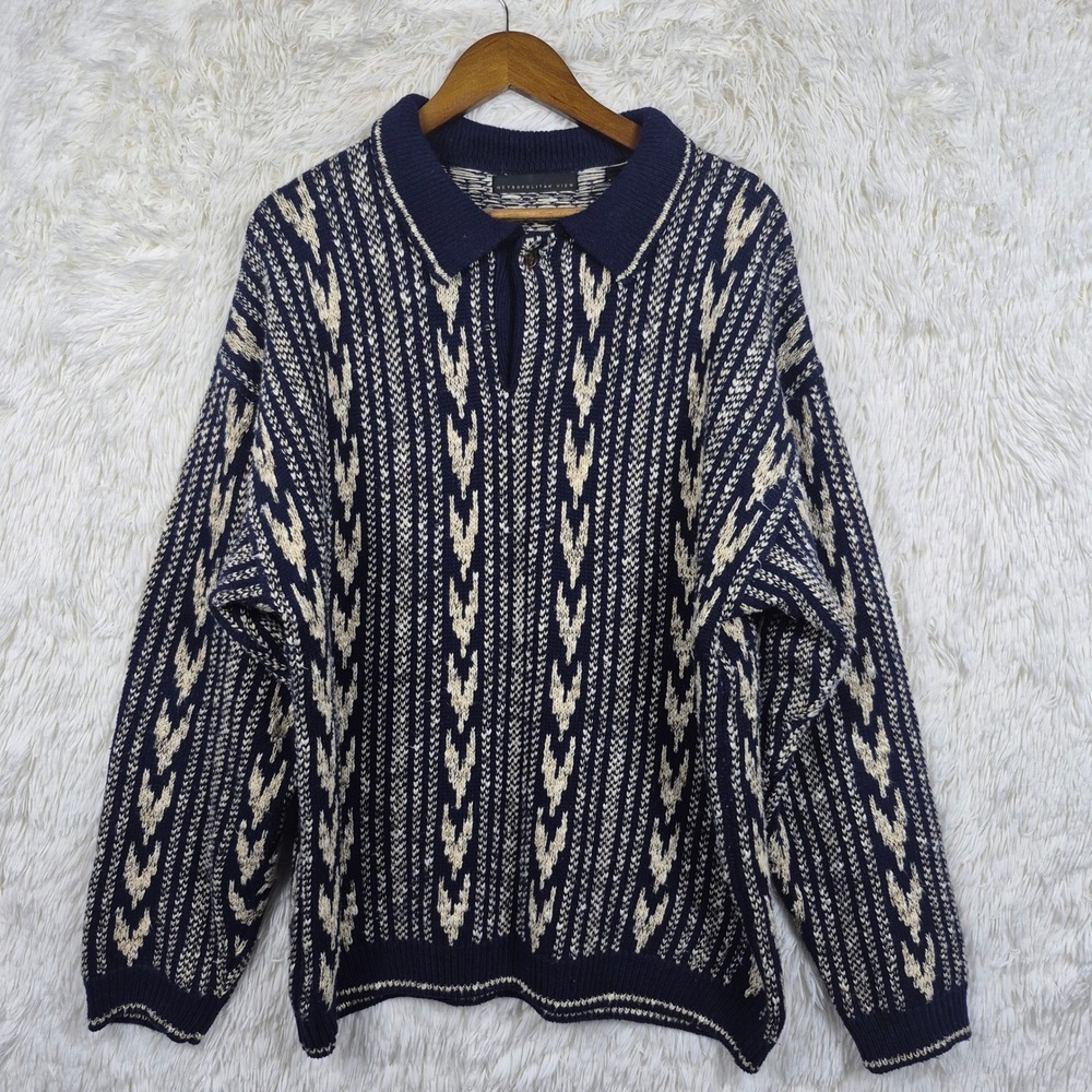 Metropolitan View Mens XL Linen Cotton Knit Polo Sweater Navy Blue Cream Vintage